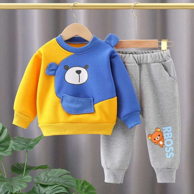 Yellow and Blue Bear Printed Sweatshirt and Grey Trouser Kids Track Suit
