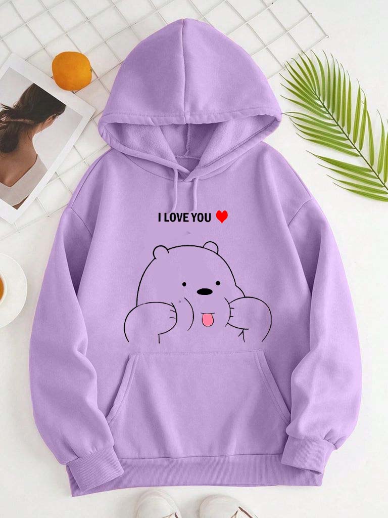 Purple I Love Panda Printed Hoodie