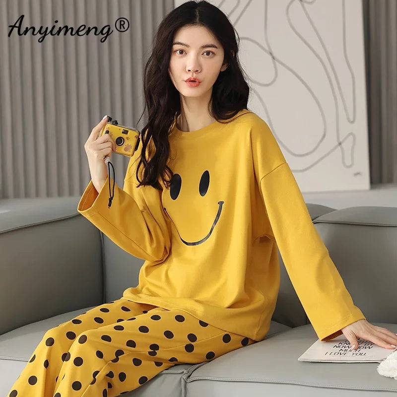 Yellow Smiley Full Sleeves Shirt and Black Doted Trouser Night Wear