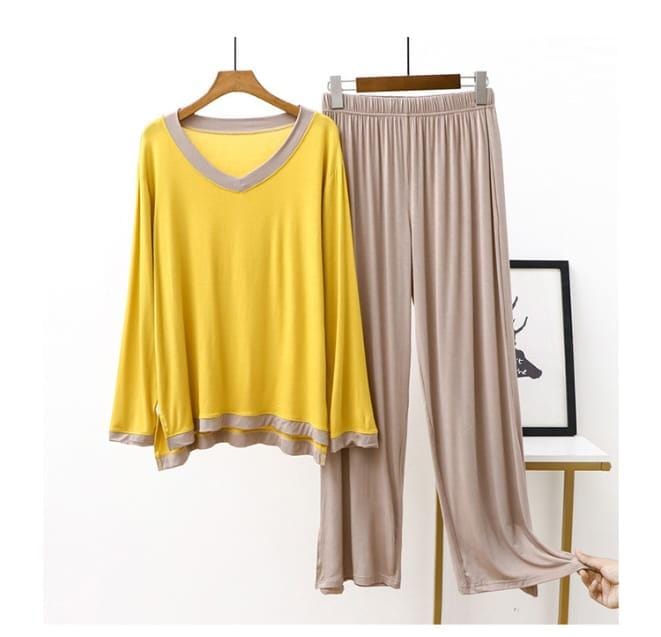 Plain Yellow With Skin Strips V Neck Full Sleeves Shirt and Skin Trouser Night Wear