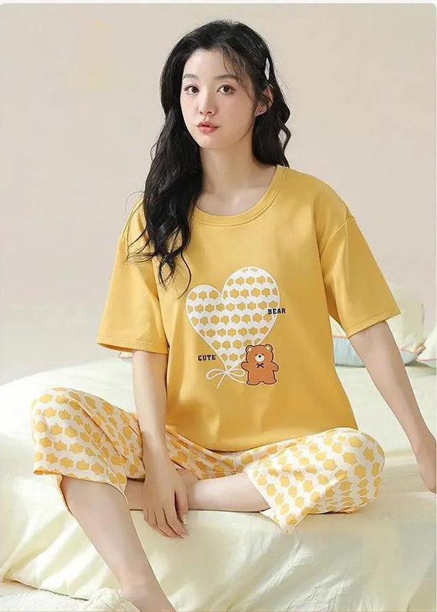 Yellow White Heart Printed Half Sleeves Shirt and Printed Trouser Night Wear