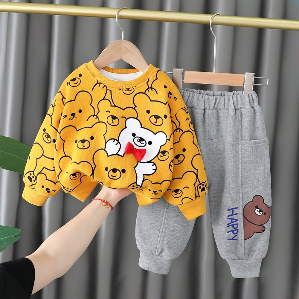 Yellow Bear Printed Sweatshirt and Grey Trouser Kids Track Suit