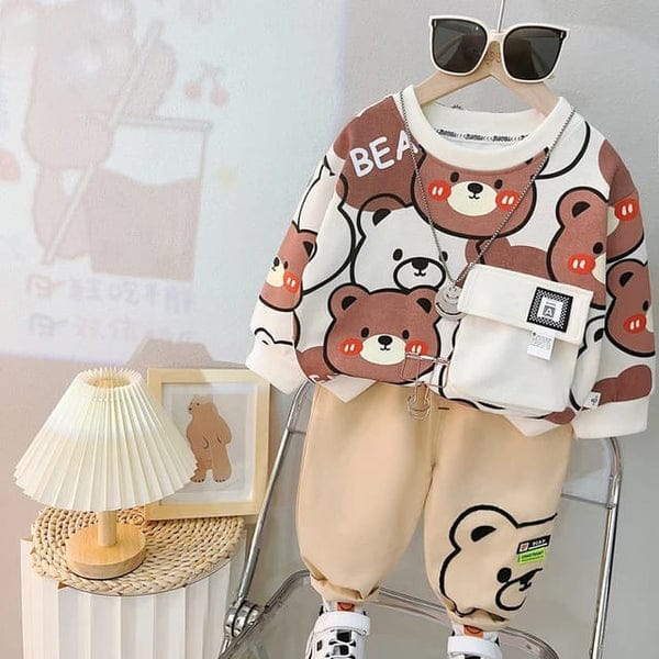 White With Brown Bear Printed Sweatshirt and Skin Trouser Kids Track Suit